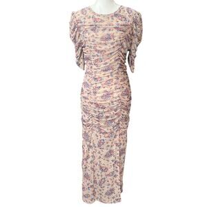 Free People NWT Floral Ruched Mesh Maxi Dress Puff Sleeve Beige Women’s M